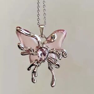 18K White Gold Liquid Metal Butterfly Rose Quartz Punk Gotb Necklace